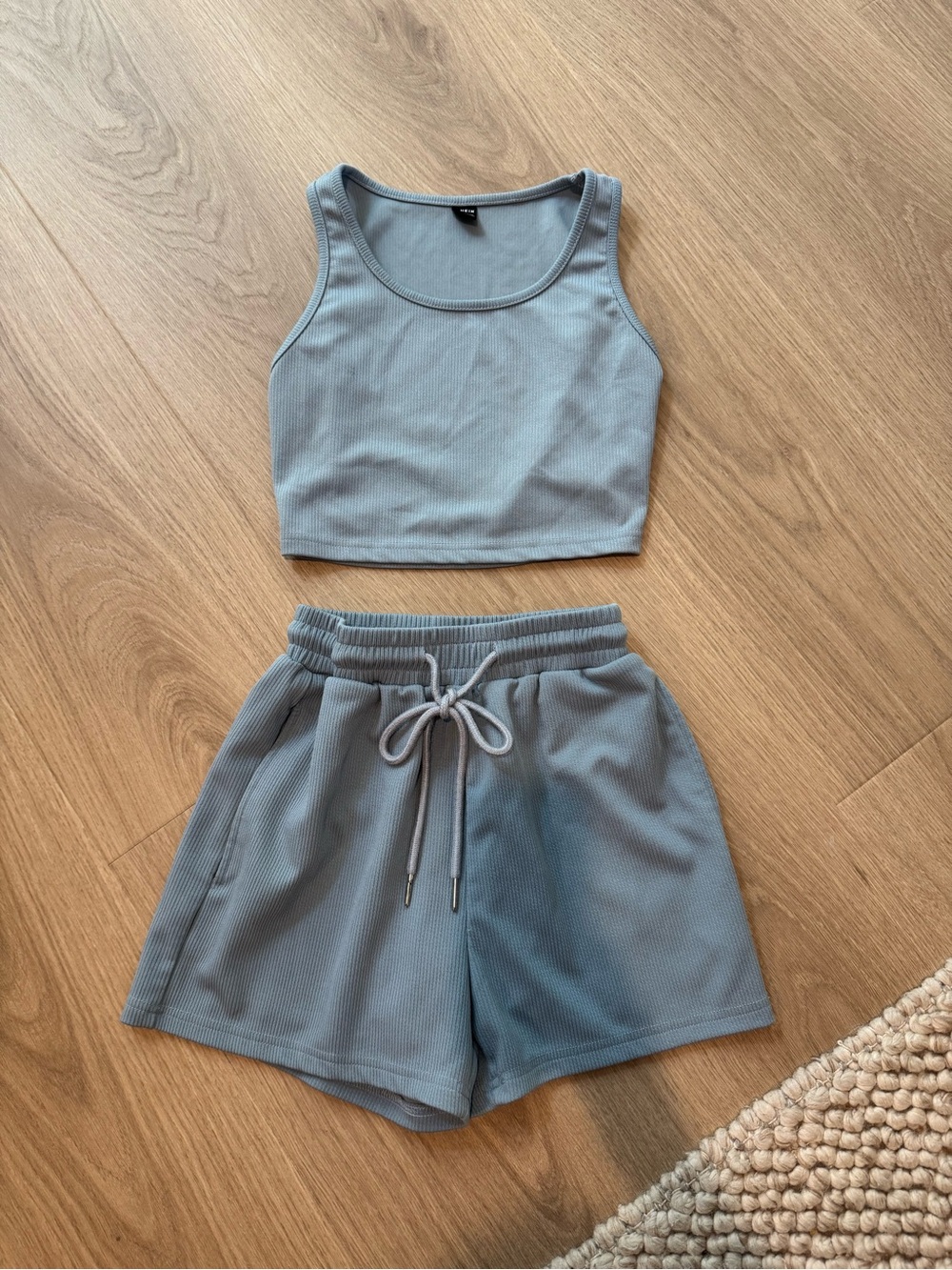 Ribbed Tank Crop & Drawstring Shorts Set - Slate Blue SHEIN Small